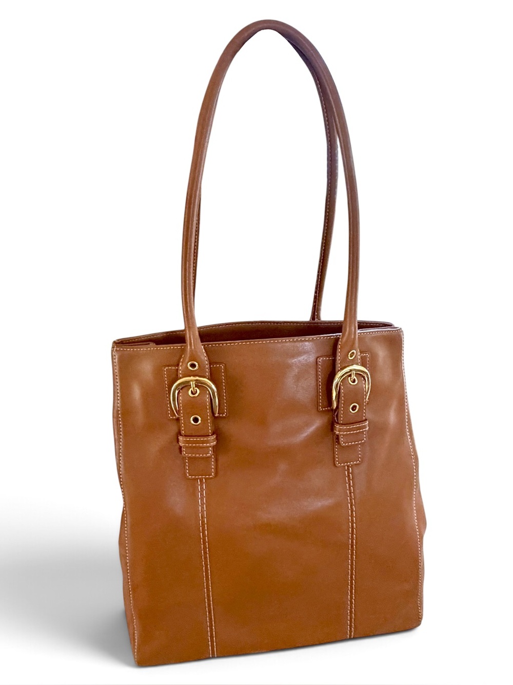 Levenger Cognac Brown Leather Buckle Organizer Double Strap Shoulder Bag Tote